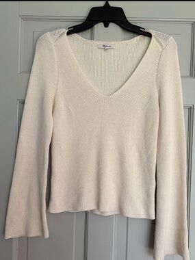 Madewell XS Flared-Sleeve V-Neck Ribbed Sweater in Antique Cream